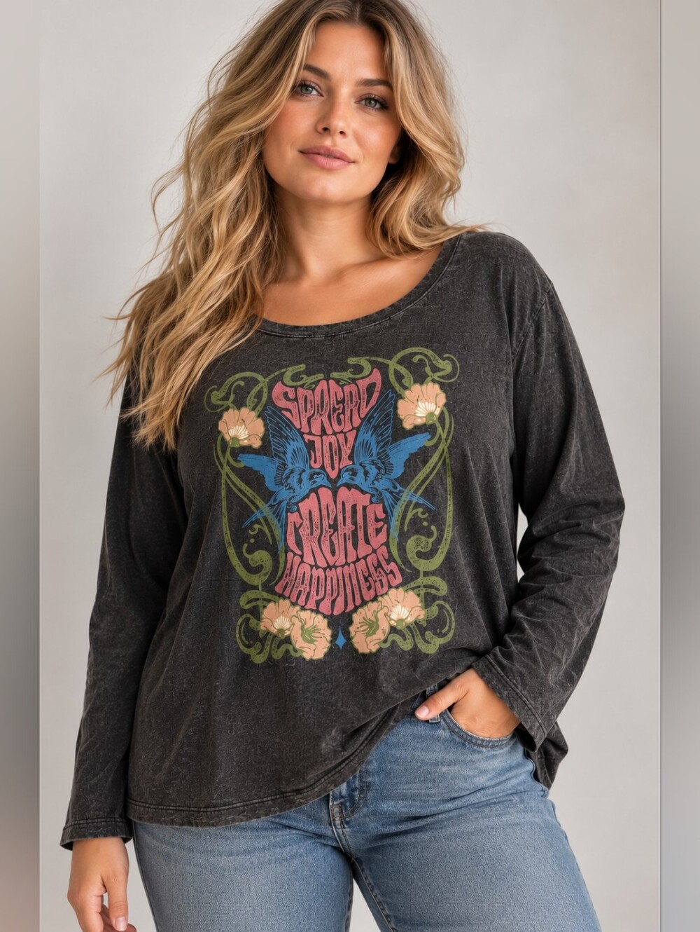 Innée Spread Joy Create Happiness Graphic Long Sleeve Tee Charcoal 1X